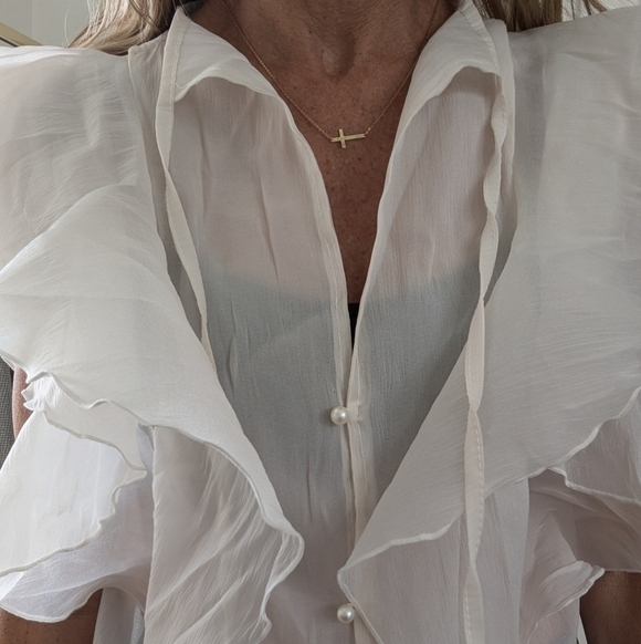 RDY by Rafi Pina Sheer Ruffle Sleeve Blouse Ivory Button Front Feminine Top S - Picture 4 of 12